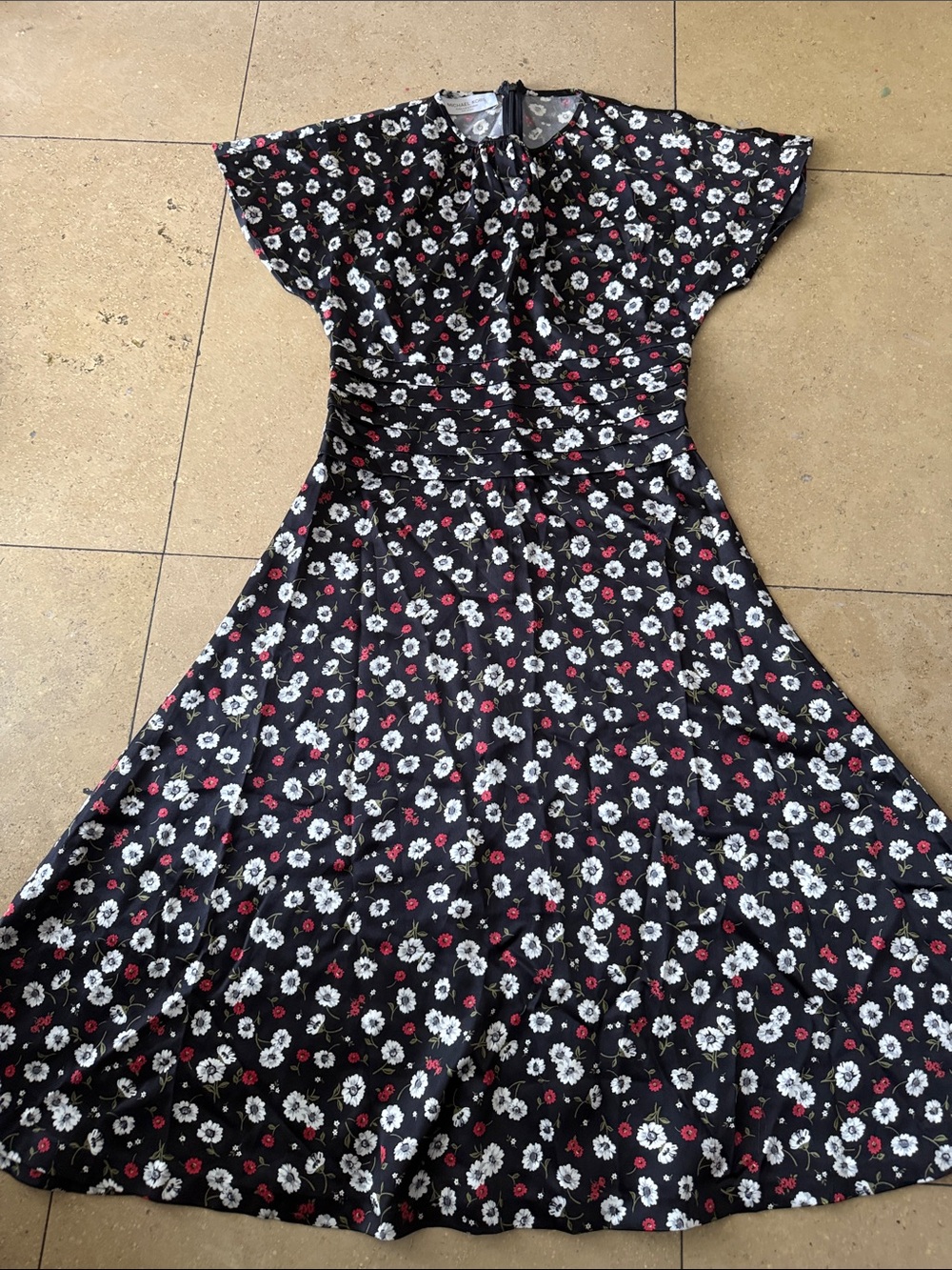 Michael Kors Collection Black Midi Dress with White and Red Floral Print